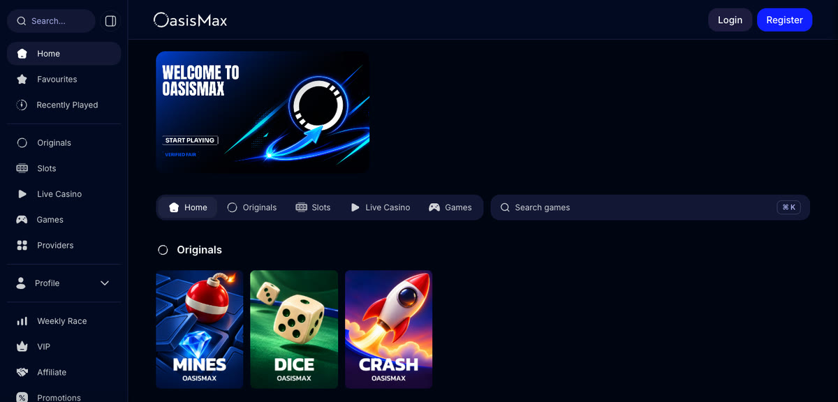 The Oasis Max beta homepage today